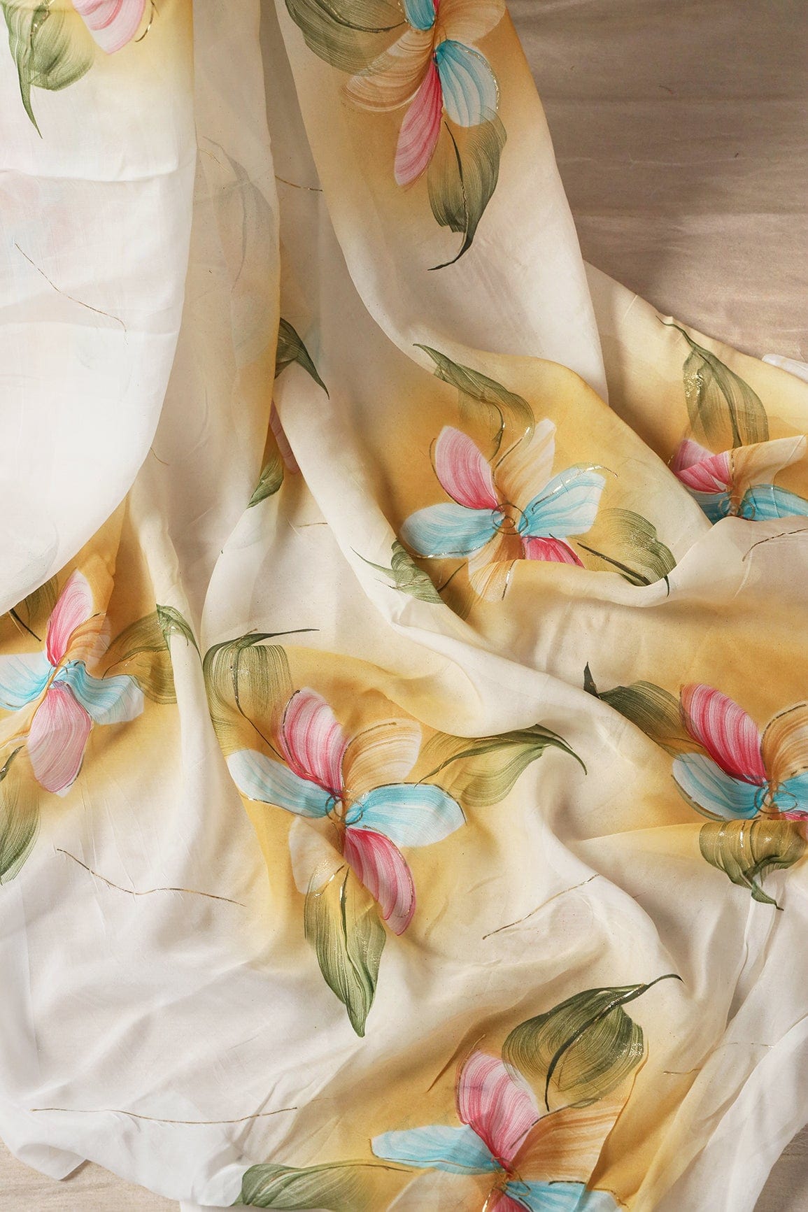Beautiful Multicolor Floral Hand Painted With Foil Work On White Pure Organza Saree ( 5.5 Meters) - doeraa