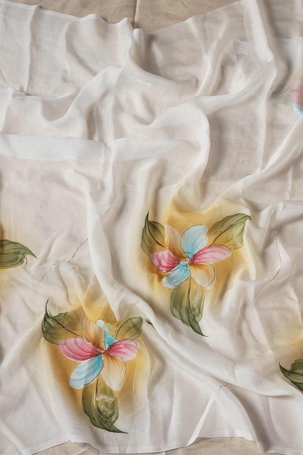Beautiful Multicolor Floral Hand Painted With Foil Work On White Pure Organza Saree ( 5.5 Meters) - doeraa