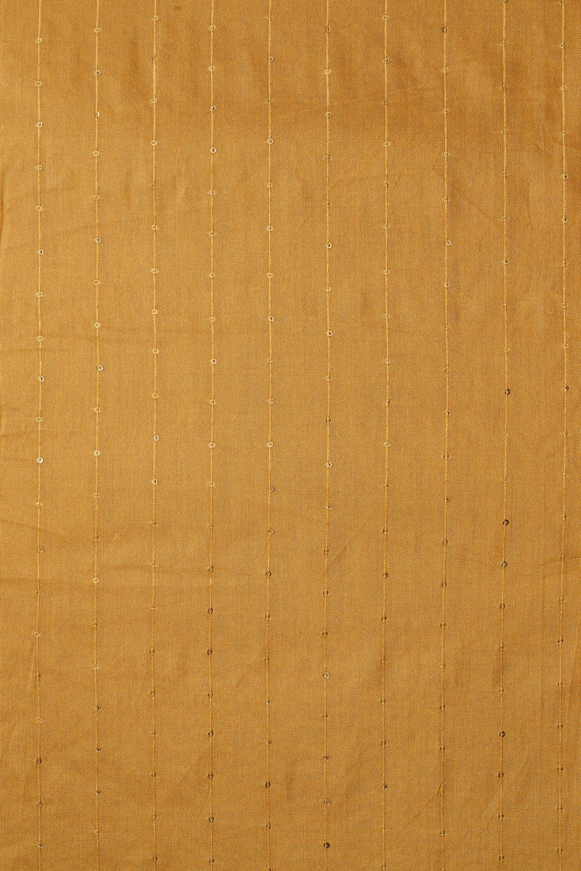 Beautiful Mustard Thread With Gold Sequins Stripes Embroidery On Mustard Viscose Chanderi Silk Fabric - doeraa