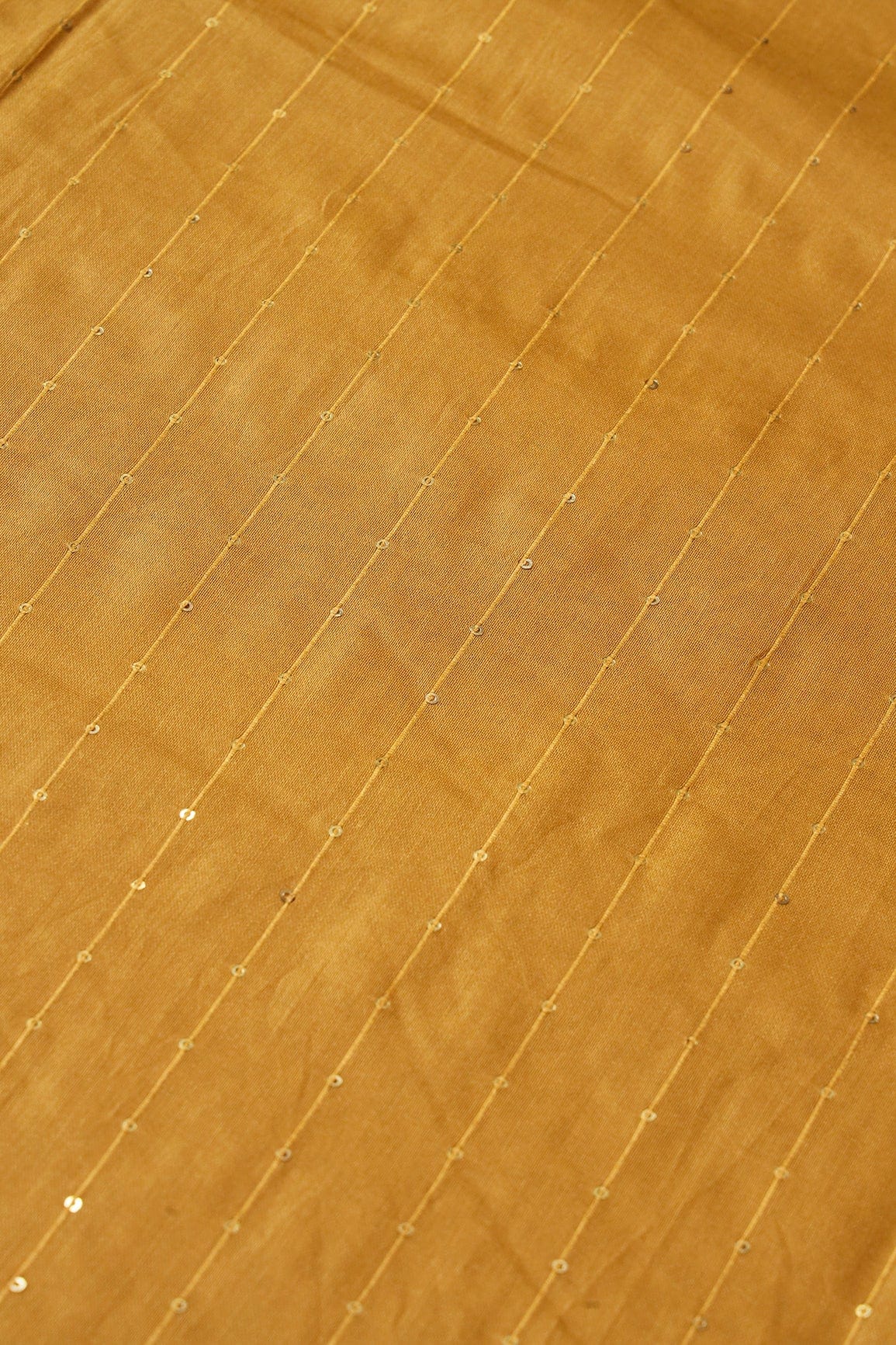 Beautiful Mustard Thread With Gold Sequins Stripes Embroidery On Mustard Viscose Chanderi Silk Fabric - doeraa