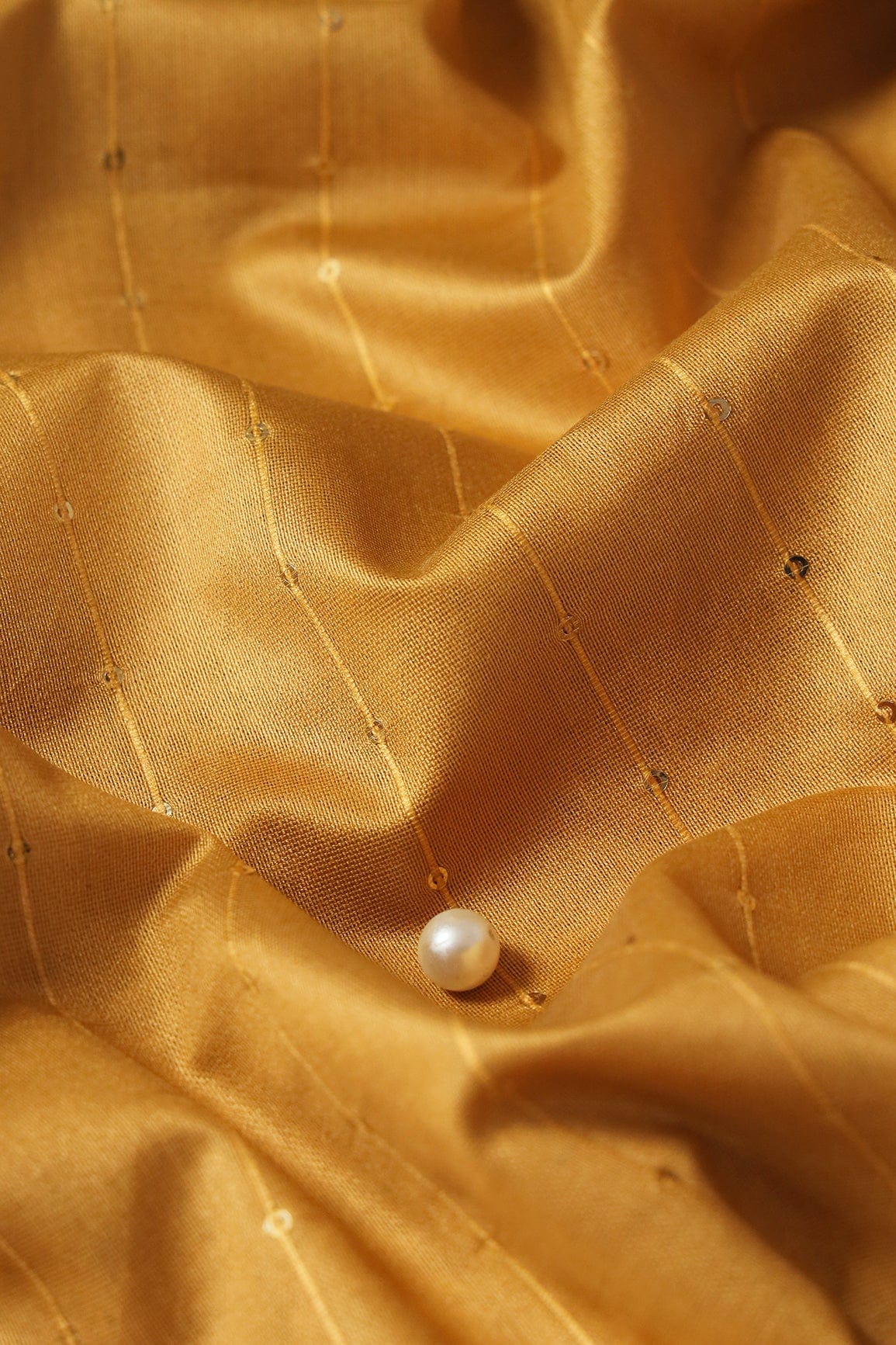 Beautiful Mustard Thread With Gold Sequins Stripes Embroidery On Mustard Viscose Chanderi Silk Fabric - doeraa