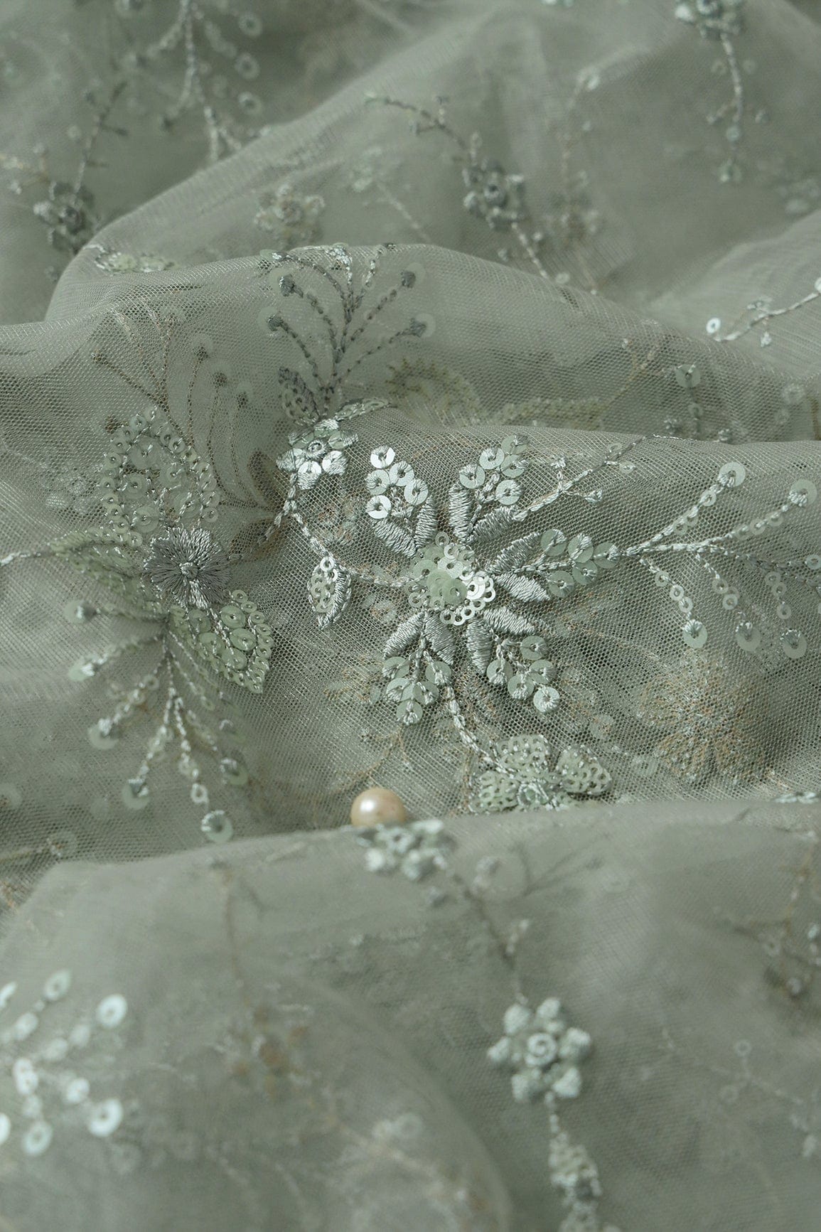 Beautiful Olive Thread With Sequins Floral Embroidery Work On Dusty Olive Soft Net Fabric - doeraa