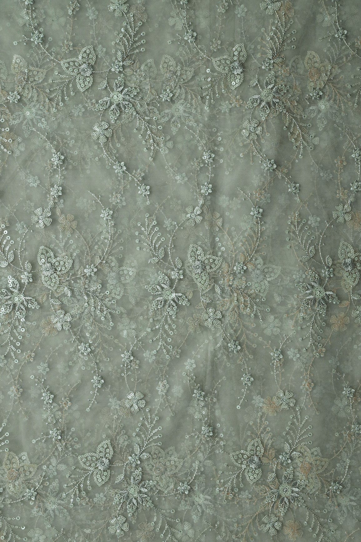 Beautiful Olive Thread With Sequins Floral Embroidery Work On Dusty Olive Soft Net Fabric - doeraa