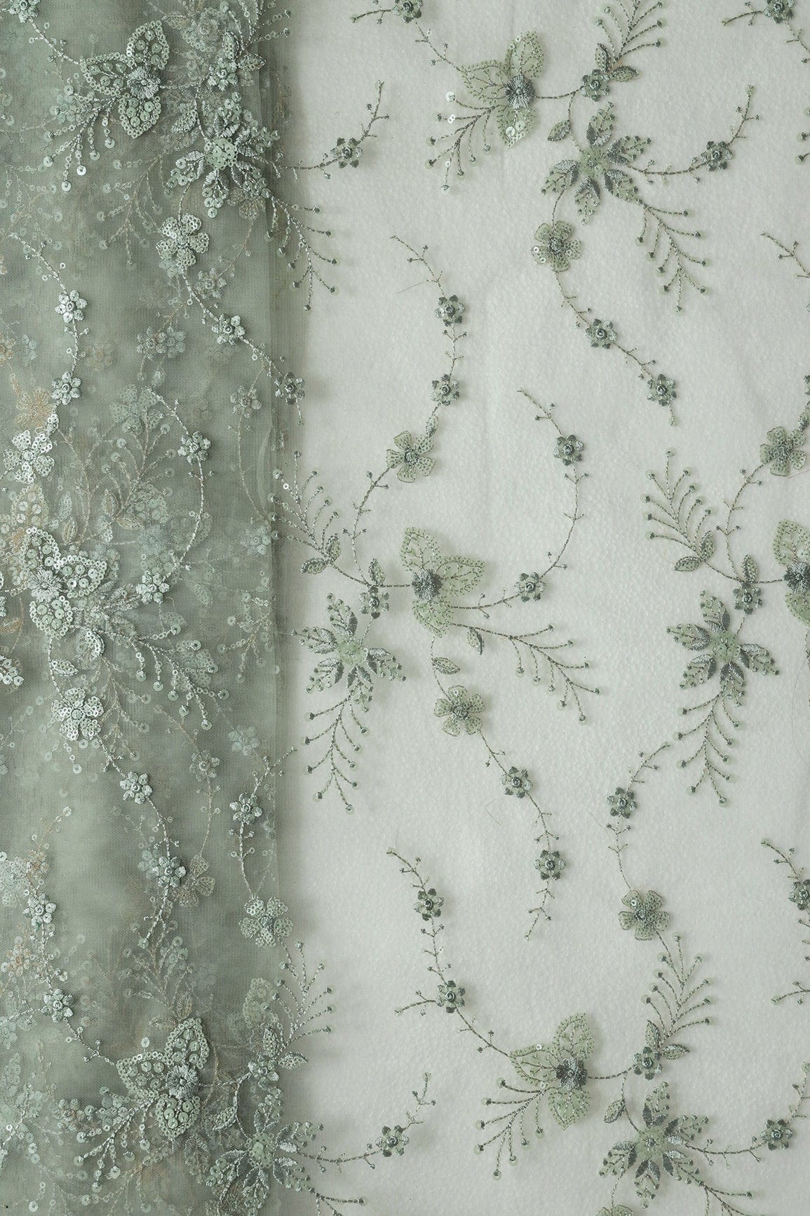 Beautiful Olive Thread With Sequins Floral Embroidery Work On Dusty Olive Soft Net Fabric - doeraa