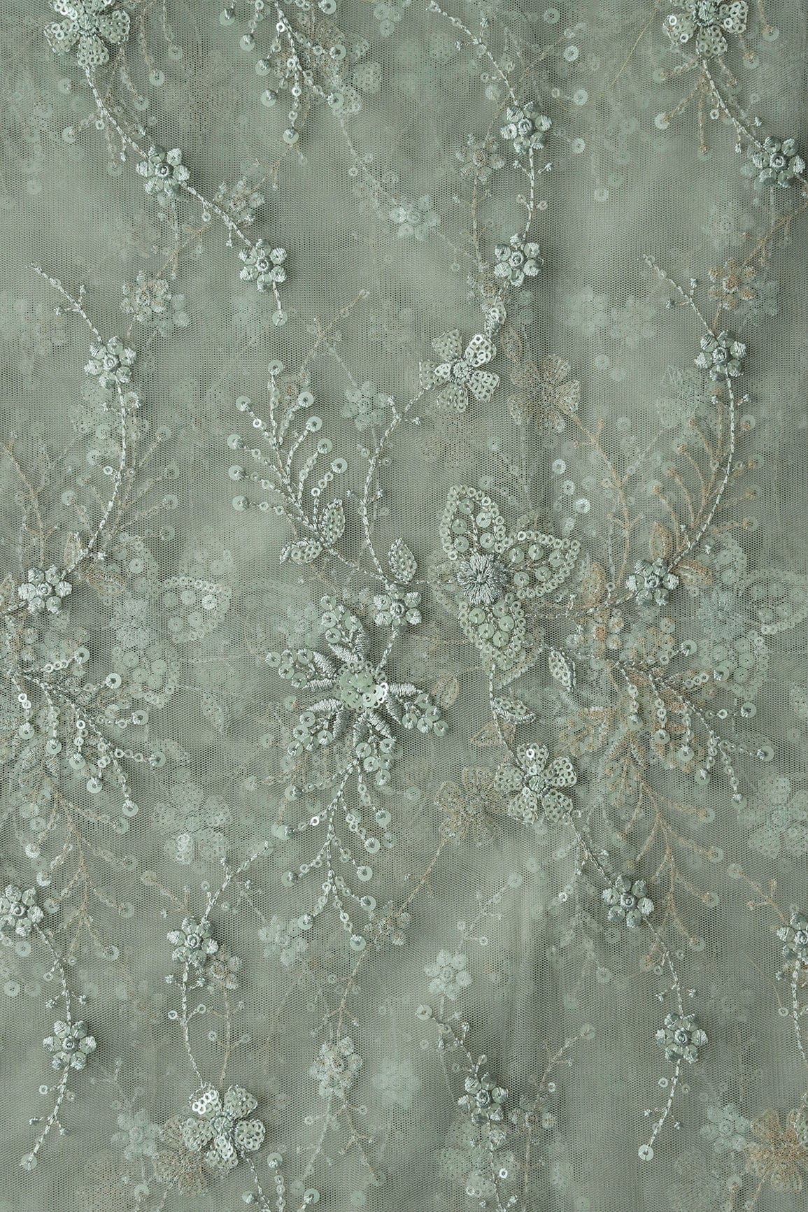 Beautiful Olive Thread With Sequins Floral Embroidery Work On Dusty Olive Soft Net Fabric - doeraa