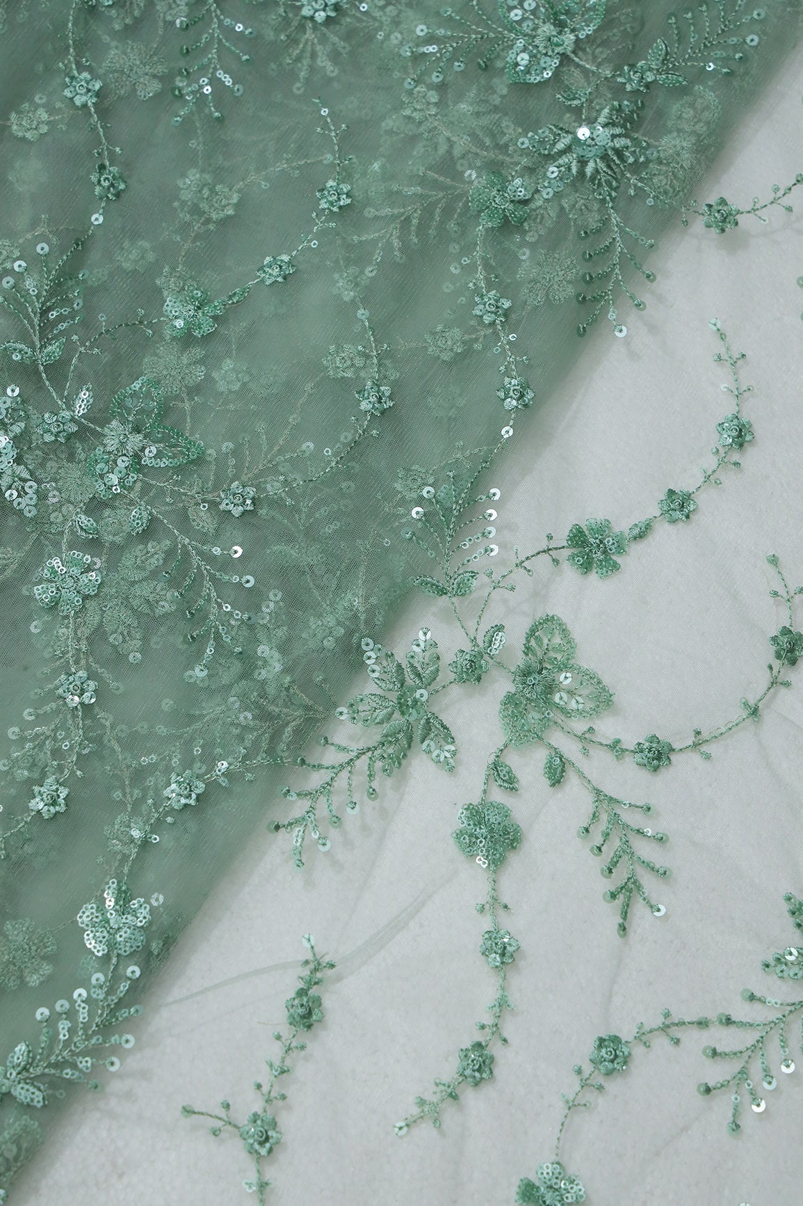 Beautiful Olive Thread With Sequins Floral Embroidery Work On Olive Soft Net Fabric - doeraa