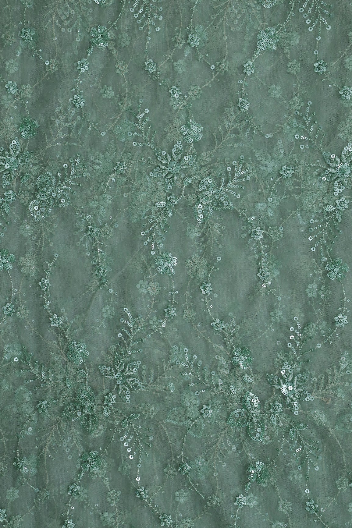 Beautiful Olive Thread With Sequins Floral Embroidery Work On Olive Soft Net Fabric - doeraa