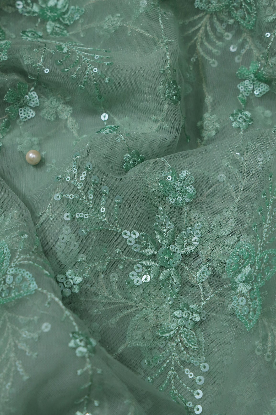 Beautiful Olive Thread With Sequins Floral Embroidery Work On Olive Soft Net Fabric - doeraa