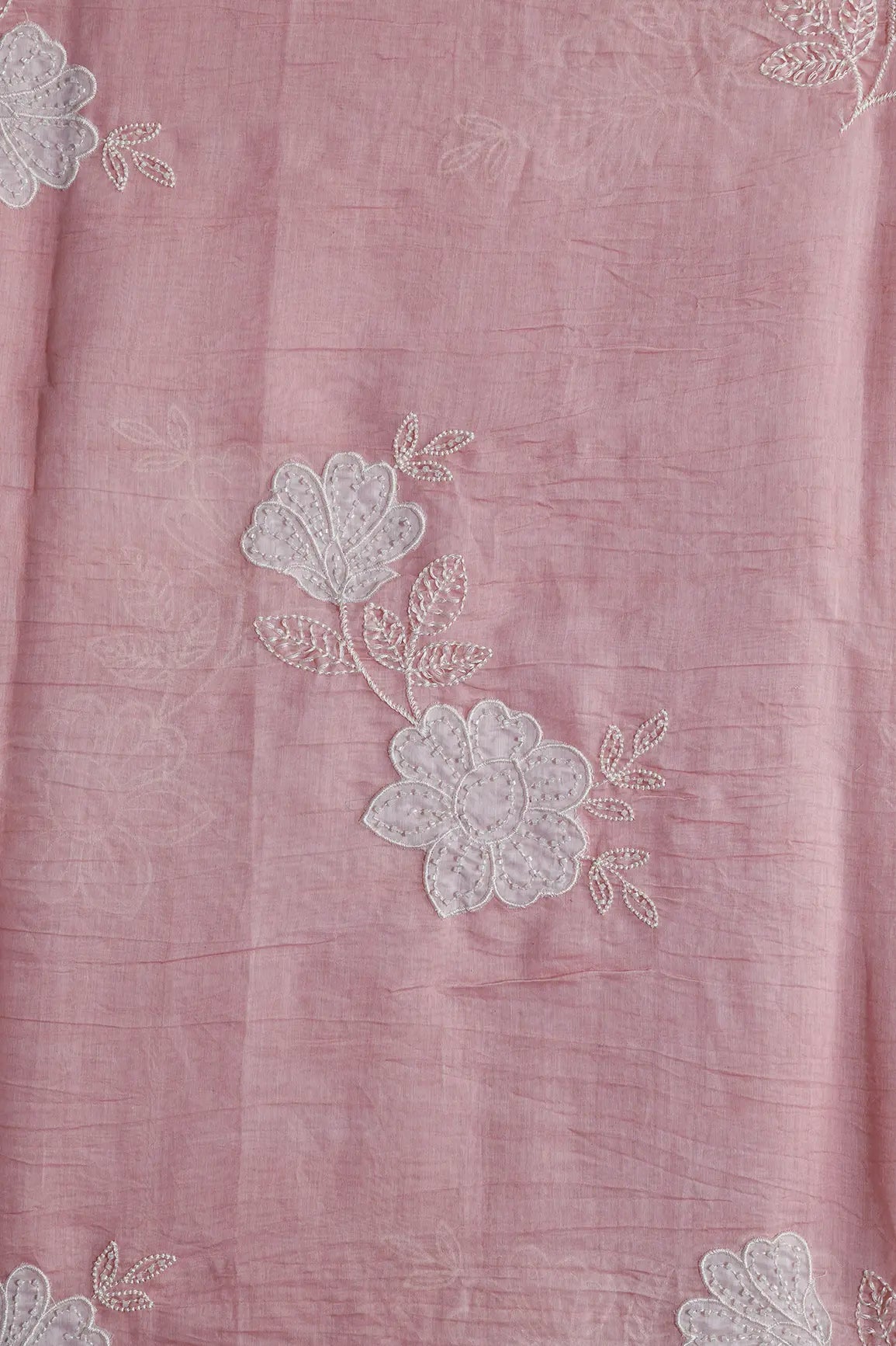 Beautiful Patch Work With Beads Embroidery On Pastel Pink Pure Mul Chanderi Silk Fabric - doeraa