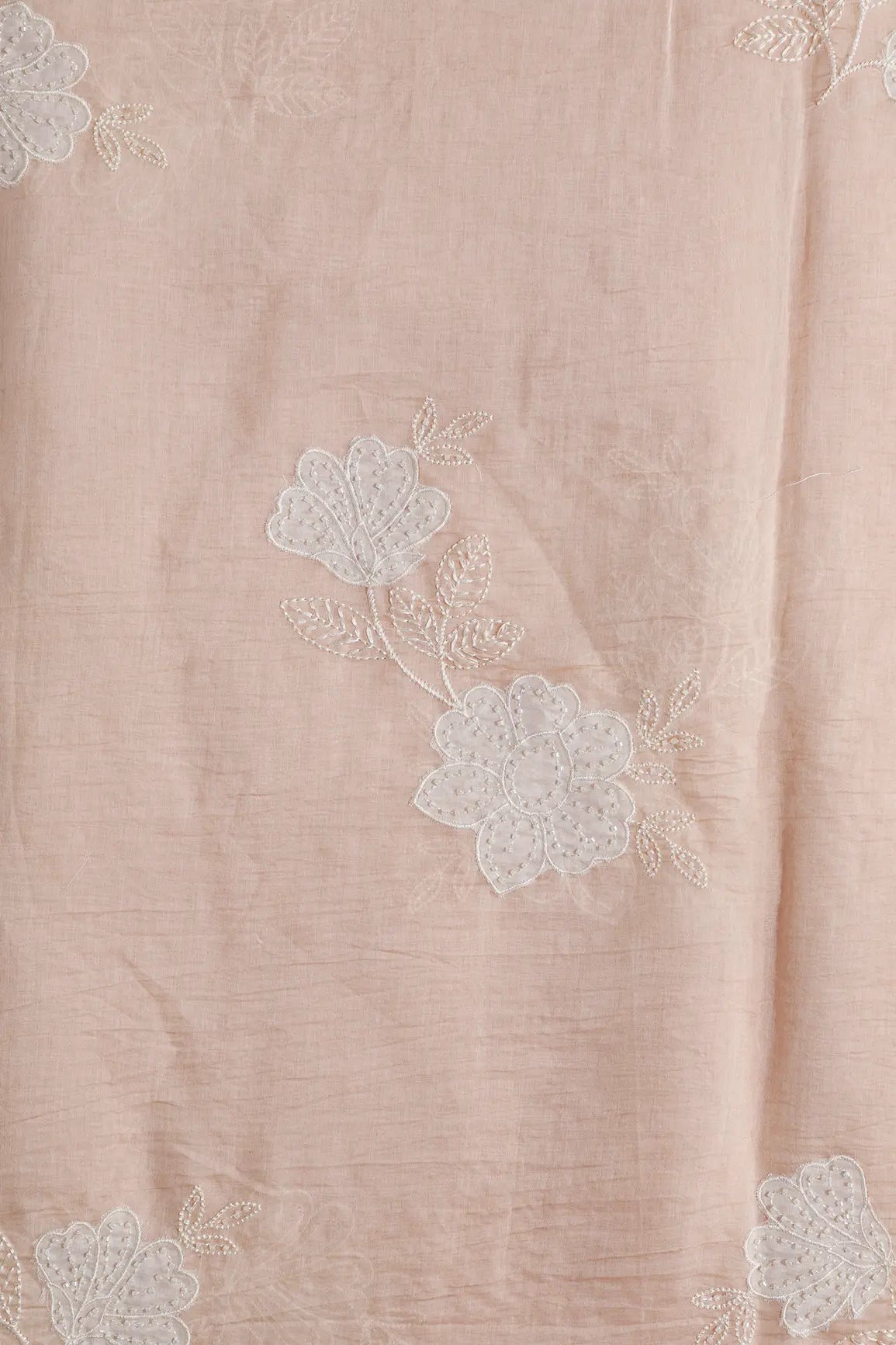Beautiful Patch Work With Beads Embroidery On Peach Pure Mul Chanderi Silk Fabric - doeraa