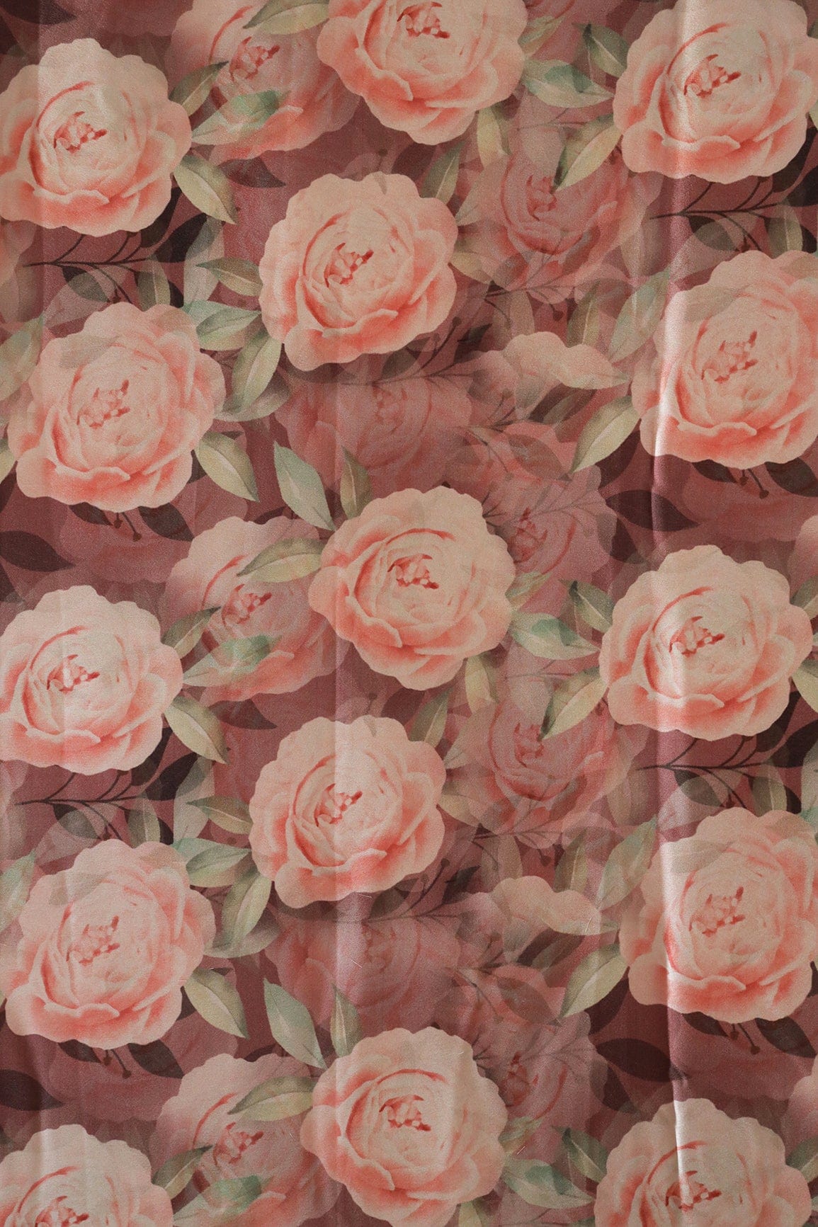 Beautiful Peach Floral Pattern Digital Print On Brown Satin Fabric - doeraa