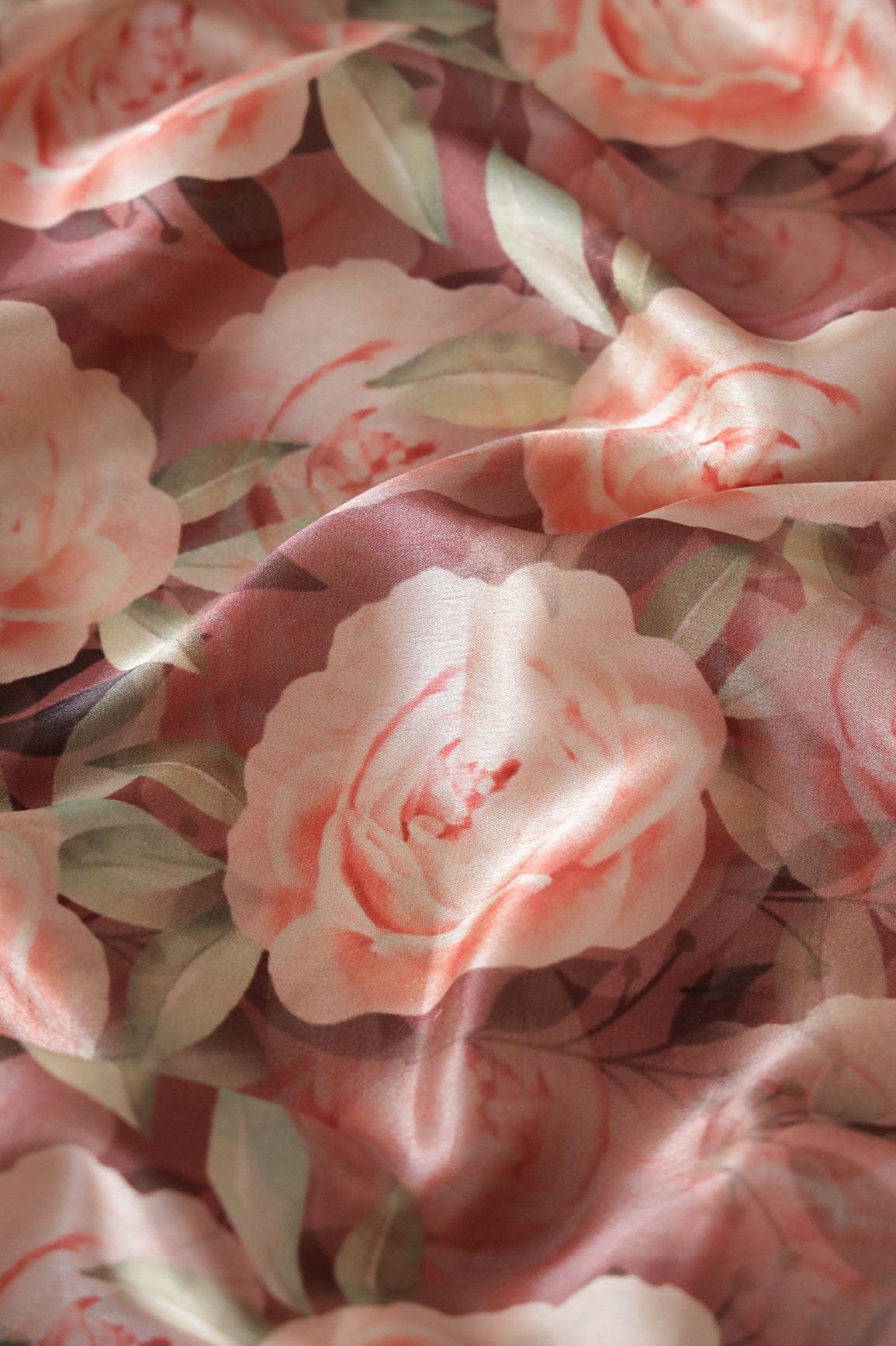 Beautiful Peach Floral Pattern Digital Print On Brown Satin Fabric - doeraa