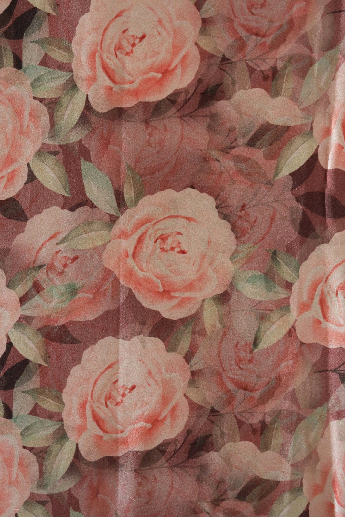 Beautiful Peach Floral Pattern Digital Print On Brown Satin Fabric - doeraa