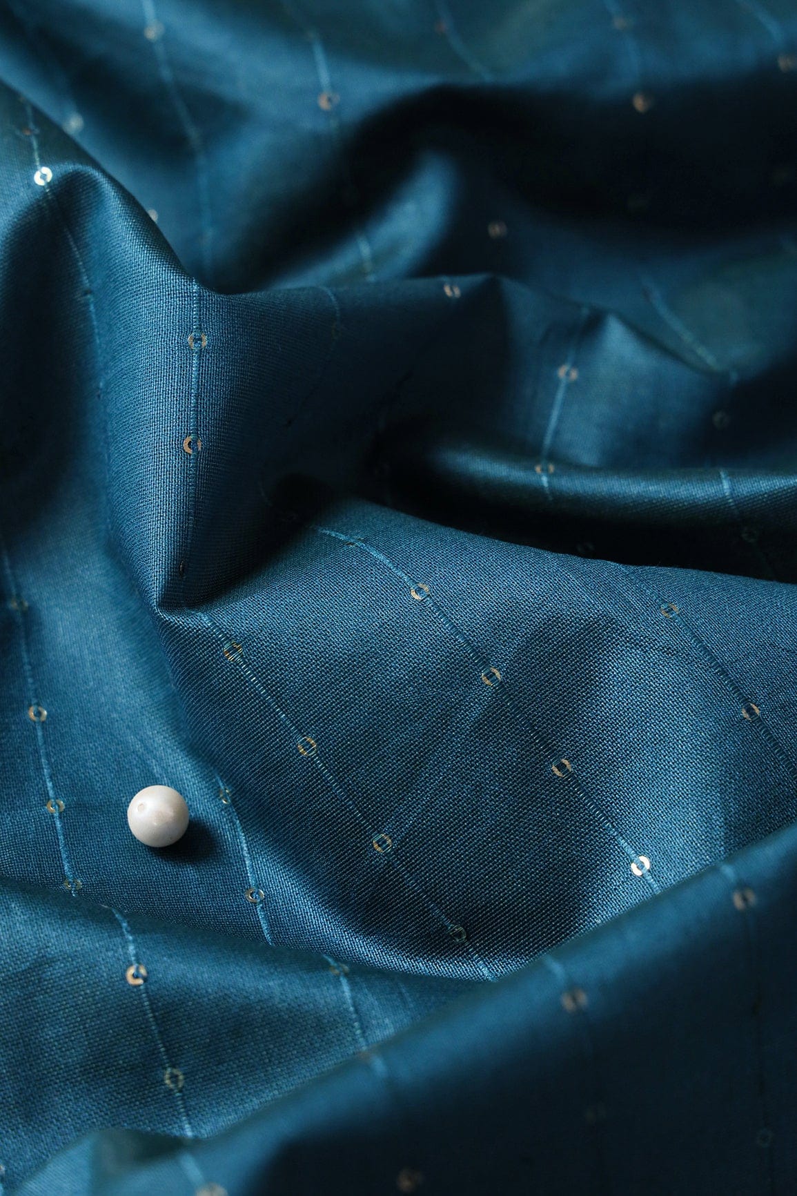 Beautiful Rama Thread With Gold Sequins Stripes Embroidery On Rama Viscose Chanderi Silk Fabric - doeraa