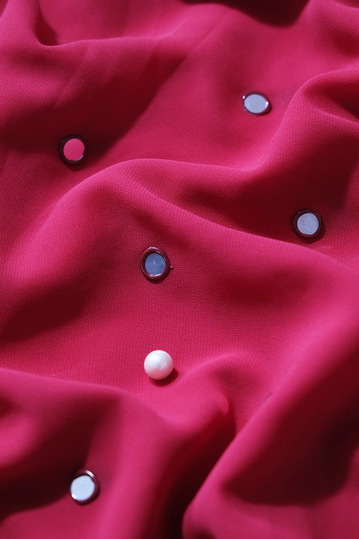 Beautiful Real Mirror Embroidery Work On Crimson Red Georgette Fabric - doeraa