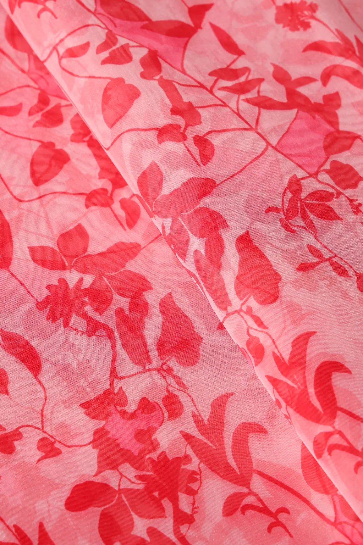 Beautiful Red Floral Pattern Digital Print On Light Pink Organza Fabric - doeraa