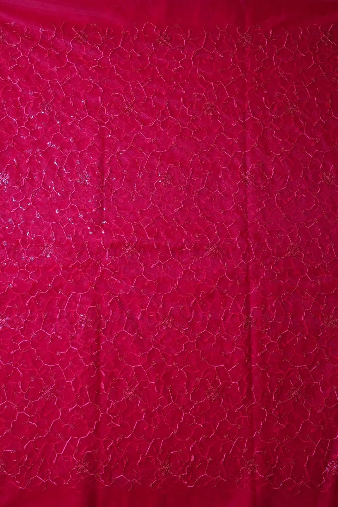 Beautiful Red Sequins Small Floral Embroidery On Cherry Red Soft Net Fabric - doeraa