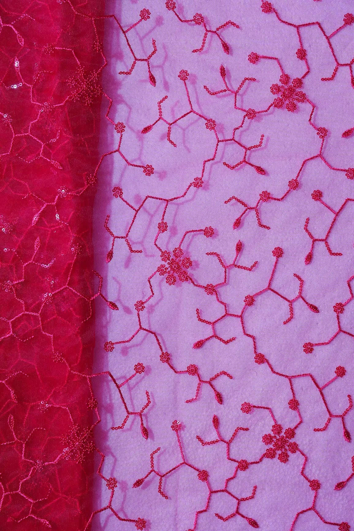 Beautiful Red Sequins Small Floral Embroidery On Cherry Red Soft Net Fabric - doeraa