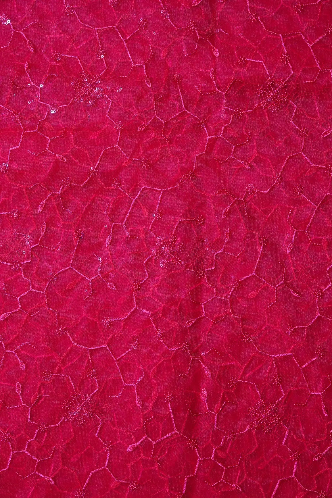 Beautiful Red Sequins Small Floral Embroidery On Cherry Red Soft Net Fabric - doeraa