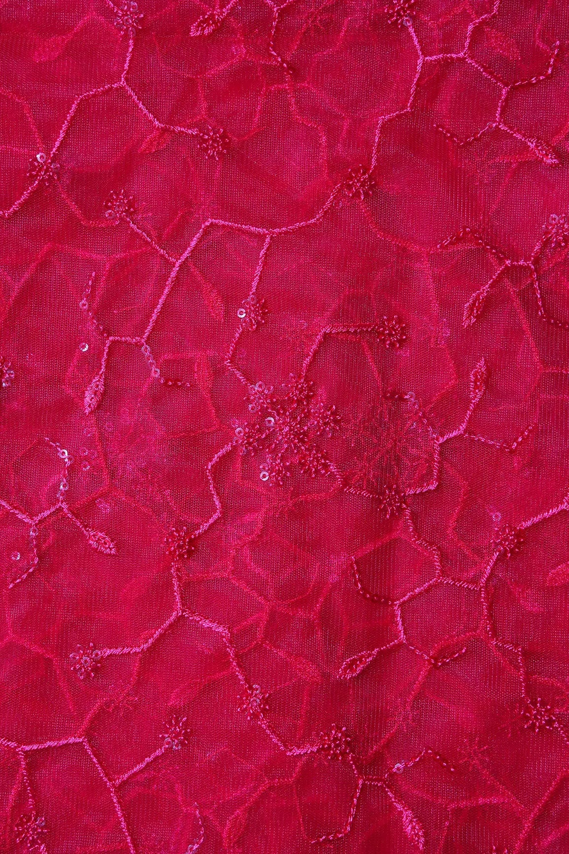 Beautiful Red Sequins Small Floral Embroidery On Cherry Red Soft Net Fabric - doeraa