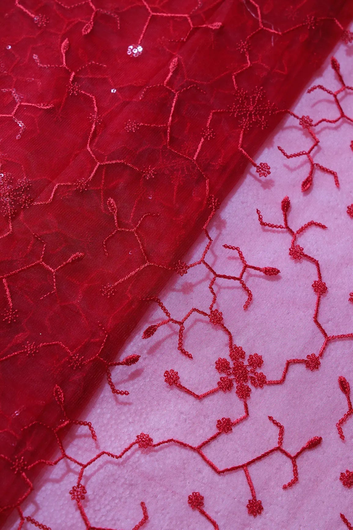 Beautiful Red Sequins Small Floral Embroidery On Red Soft Net Fabric - doeraa