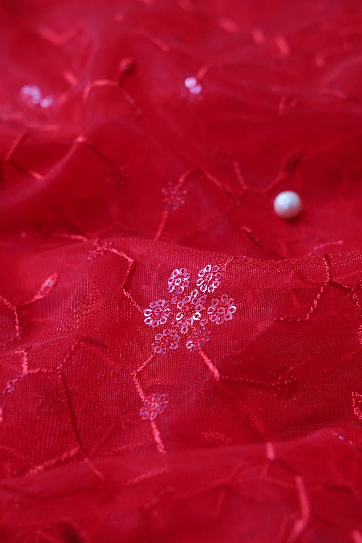 Beautiful Red Sequins Small Floral Embroidery On Red Soft Net Fabric - doeraa