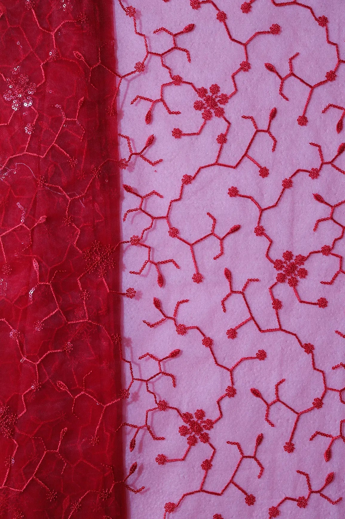 Beautiful Red Sequins Small Floral Embroidery On Red Soft Net Fabric - doeraa