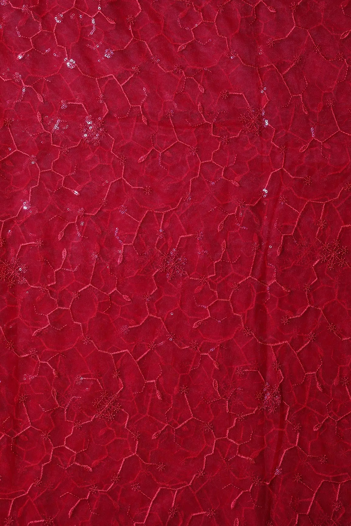Beautiful Red Sequins Small Floral Embroidery On Red Soft Net Fabric - doeraa