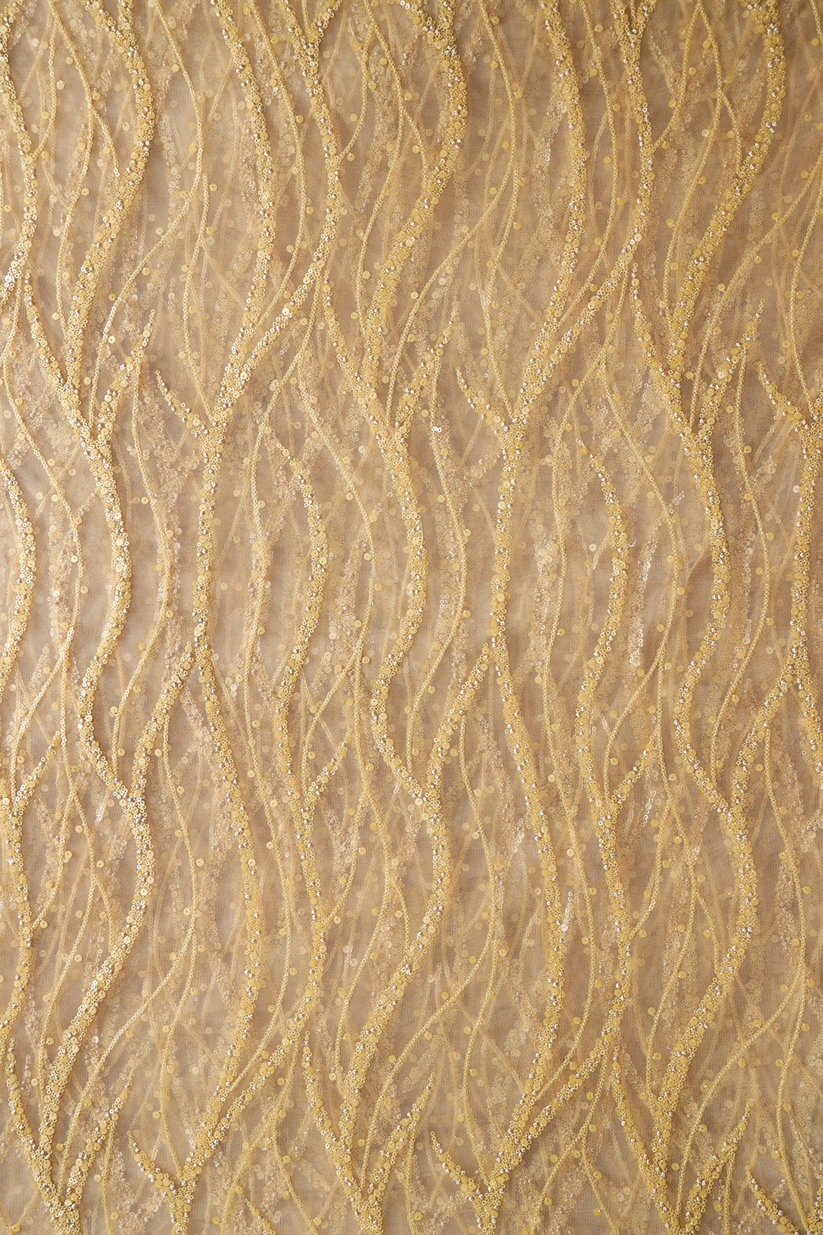 Beautiful Sequins With Beige Thread Wavy Embroidery Work On Beige Soft Net Fabric - doeraa