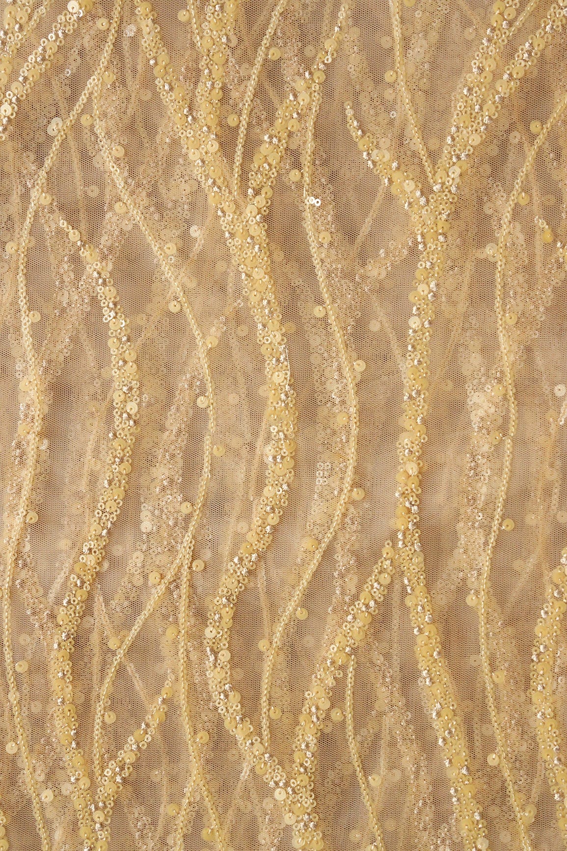 Beautiful Sequins With Beige Thread Wavy Embroidery Work On Beige Soft Net Fabric - doeraa