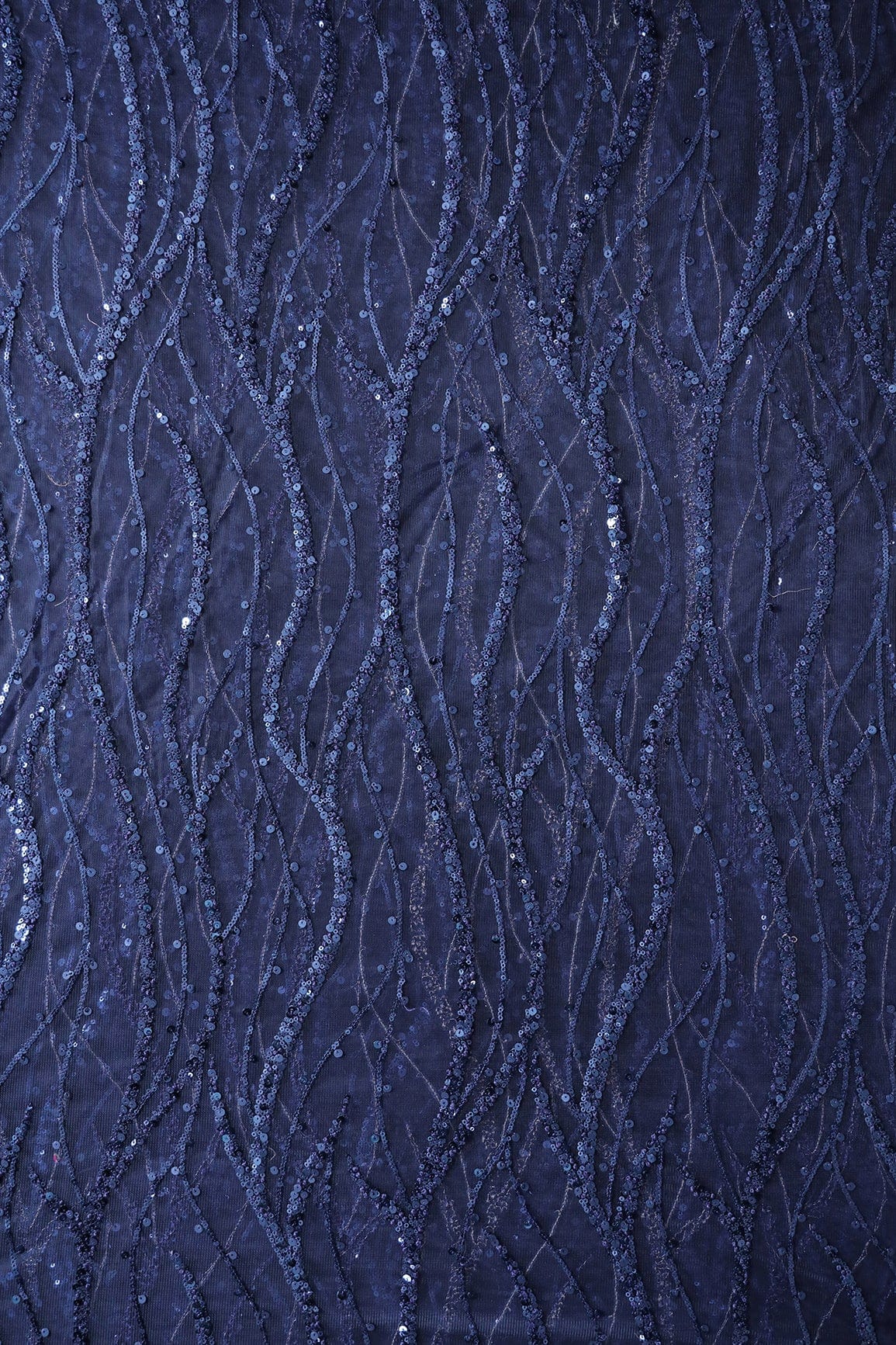 Beautiful Sequins With Blue Thread Wavy Embroidery Work On Navy Blue Soft Net Fabric - doeraa