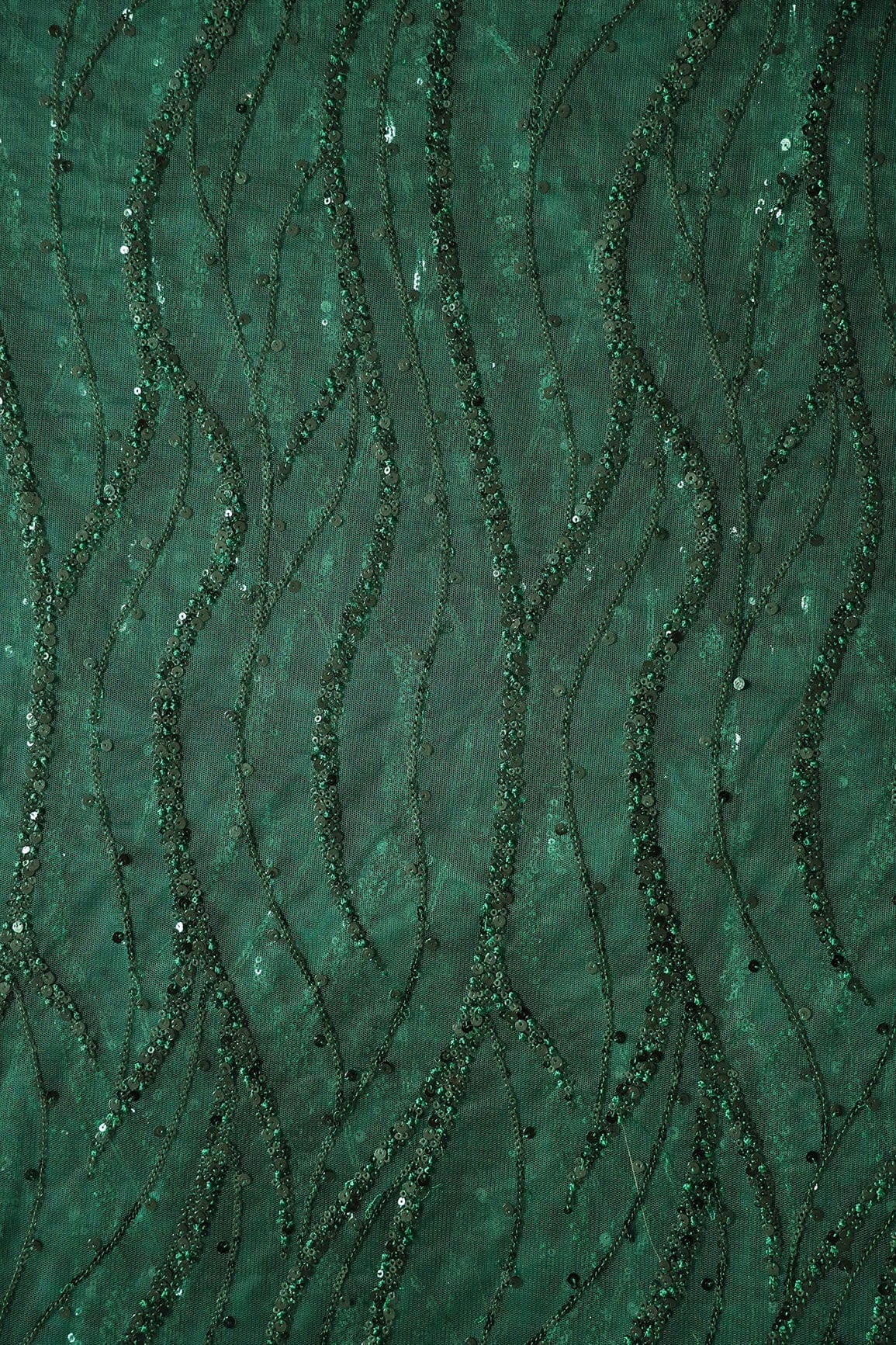 Beautiful Sequins With Green Thread Wavy Embroidery Work On Bottle Green Soft Net Fabric - doeraa