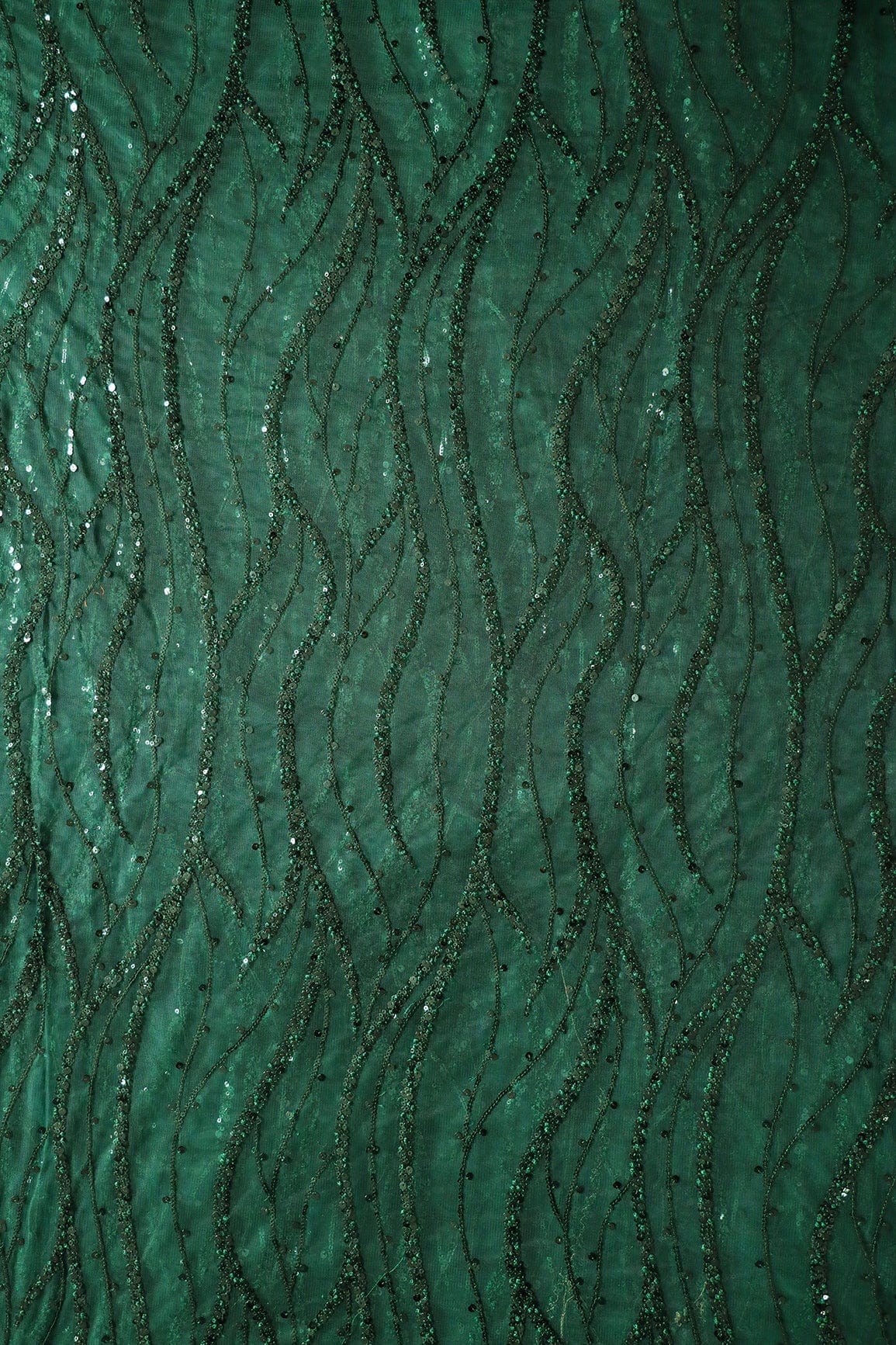 Beautiful Sequins With Green Thread Wavy Embroidery Work On Bottle Green Soft Net Fabric - doeraa