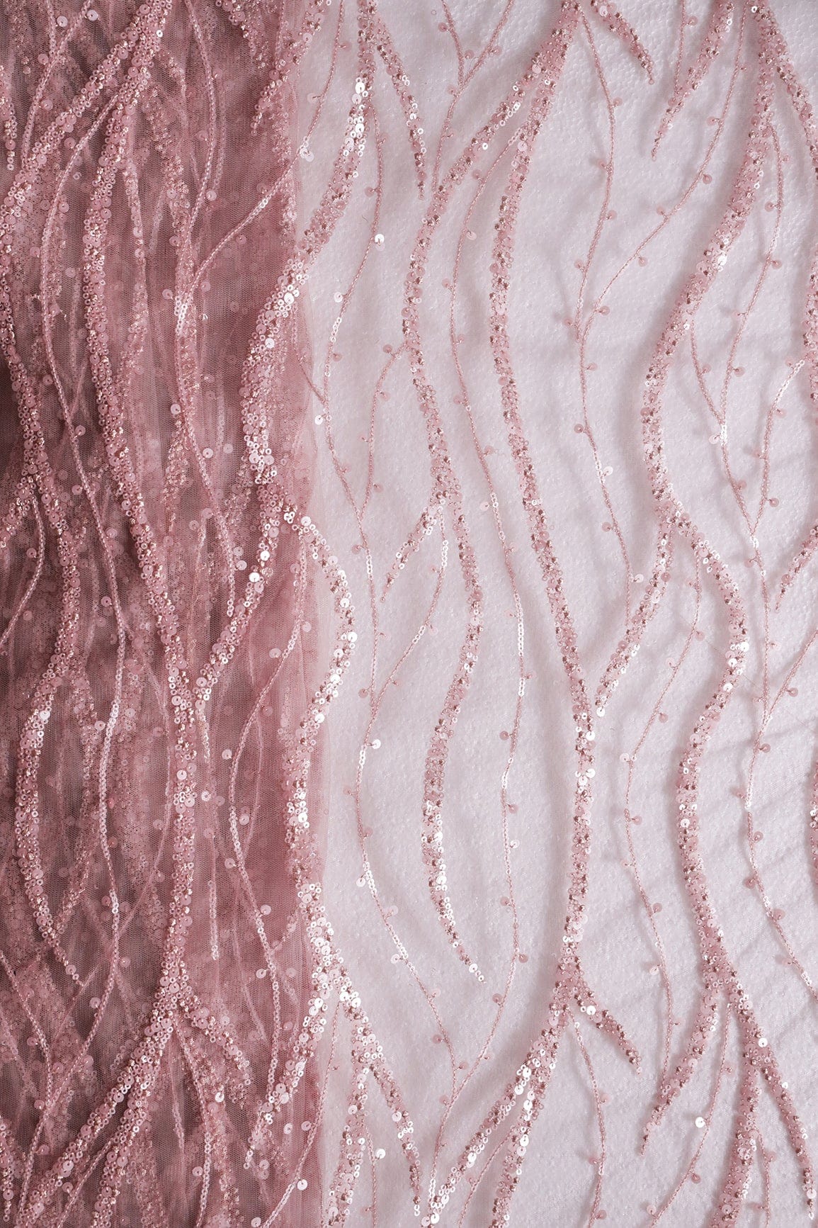 Beautiful Sequins With Mauve Thread Wavy Embroidery Work On Mauve Soft Net Fabric - doeraa