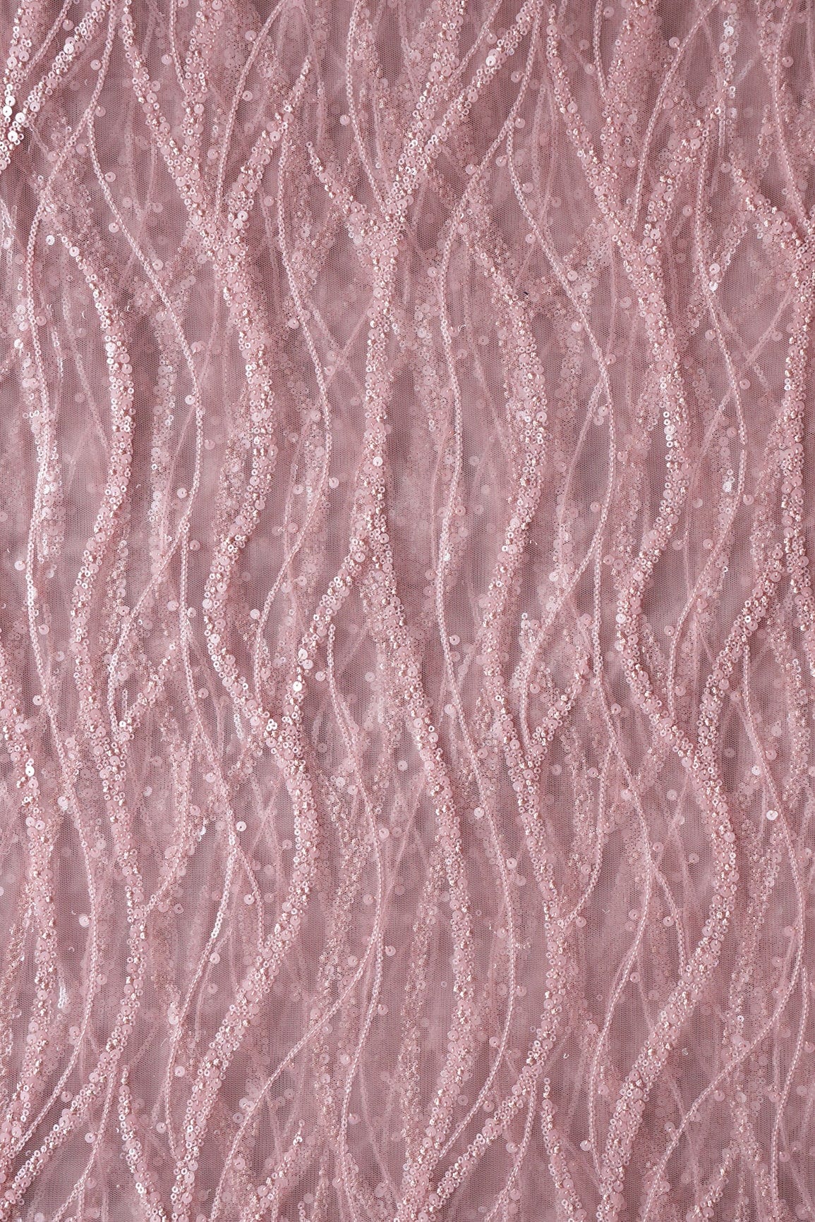 Beautiful Sequins With Mauve Thread Wavy Embroidery Work On Mauve Soft Net Fabric - doeraa