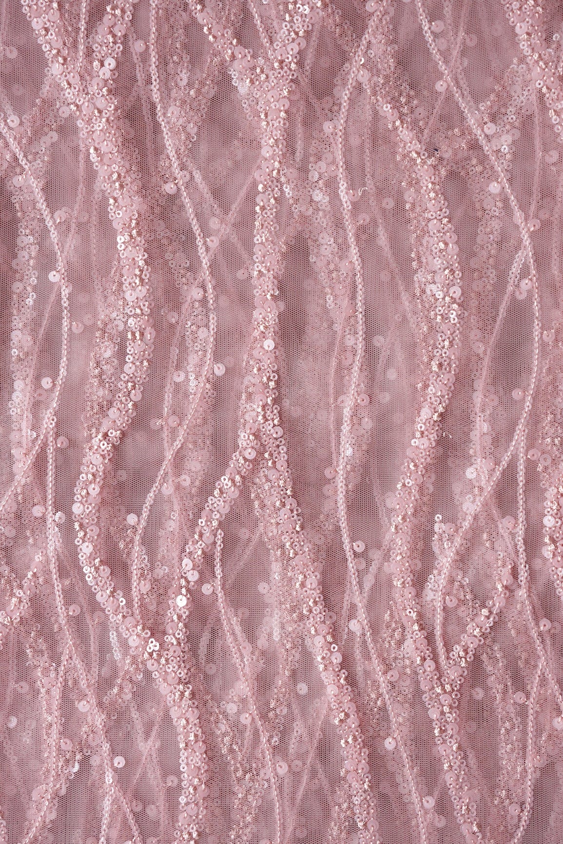 Beautiful Sequins With Mauve Thread Wavy Embroidery Work On Mauve Soft Net Fabric - doeraa