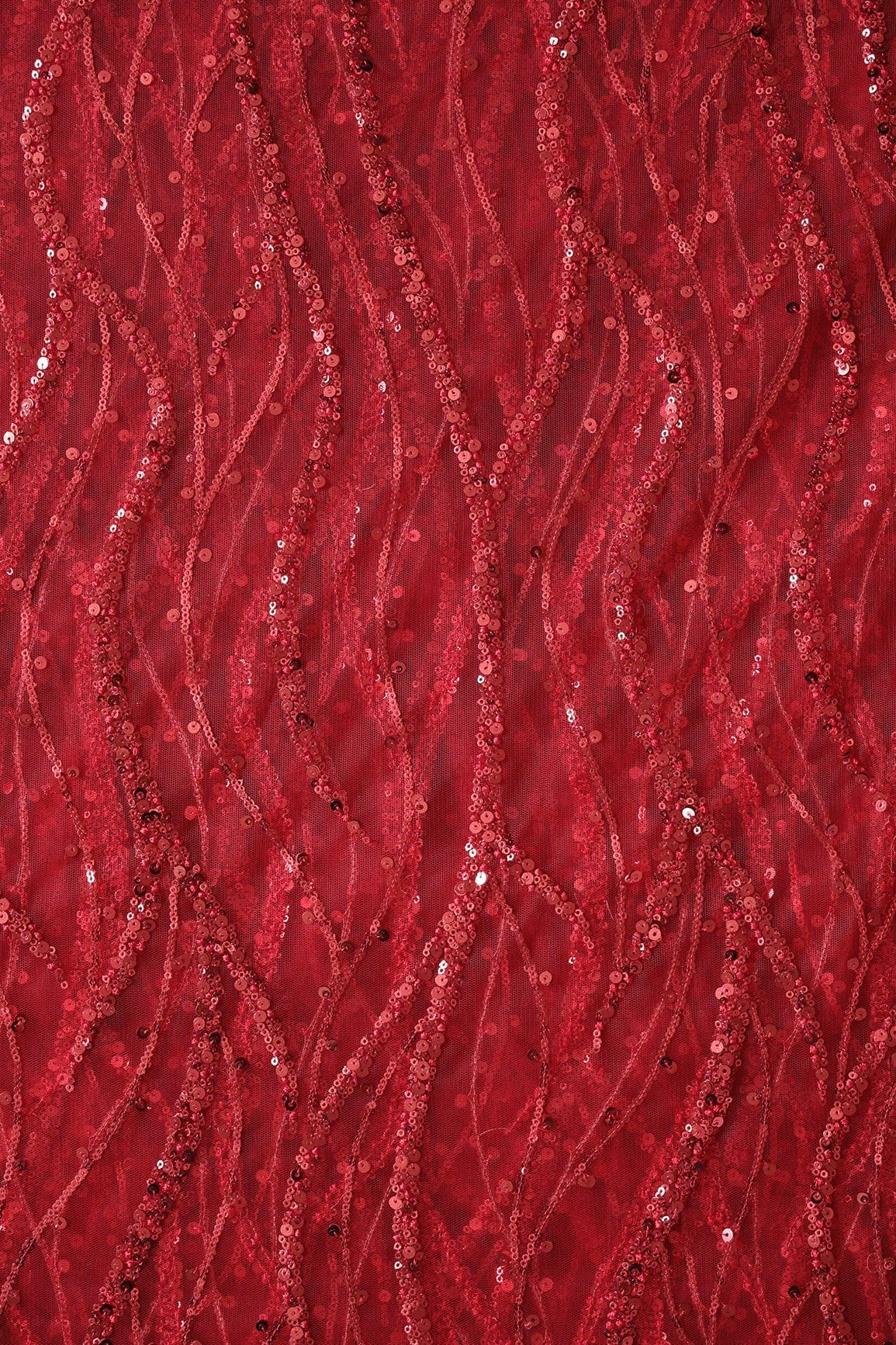 Beautiful Sequins With Red Thread Wavy Embroidery Work On Red Soft Net Fabric - doeraa