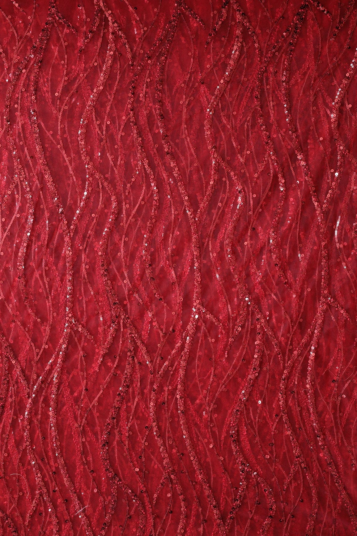 Beautiful Sequins With Red Thread Wavy Embroidery Work On Red Soft Net Fabric - doeraa