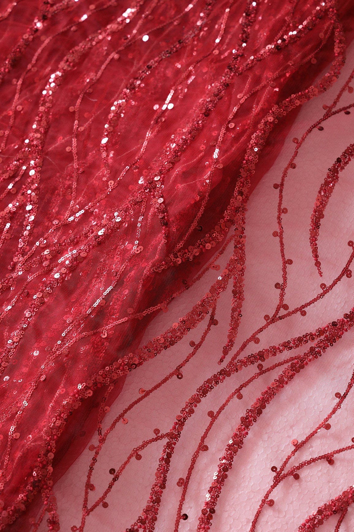Beautiful Sequins With Red Thread Wavy Embroidery Work On Red Soft Net Fabric - doeraa