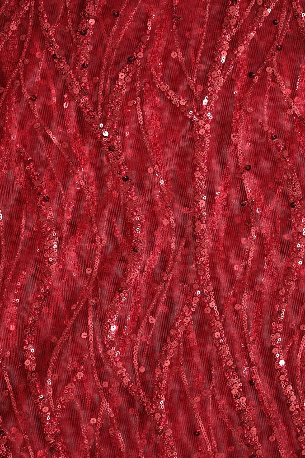 Beautiful Sequins With Red Thread Wavy Embroidery Work On Red Soft Net Fabric - doeraa