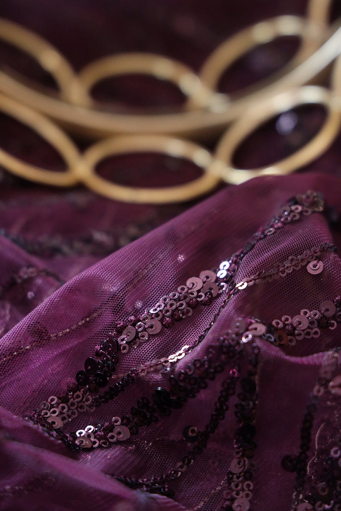 Beautiful Sequins With Wine Thread Wavy Embroidery Work On Wine Soft Net Fabric - doeraa