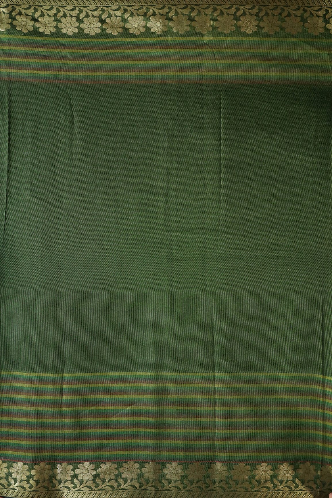 Beautiful Stripes With Floral Zari Jacquard Border Dark Olive Organza Fabric - doeraa