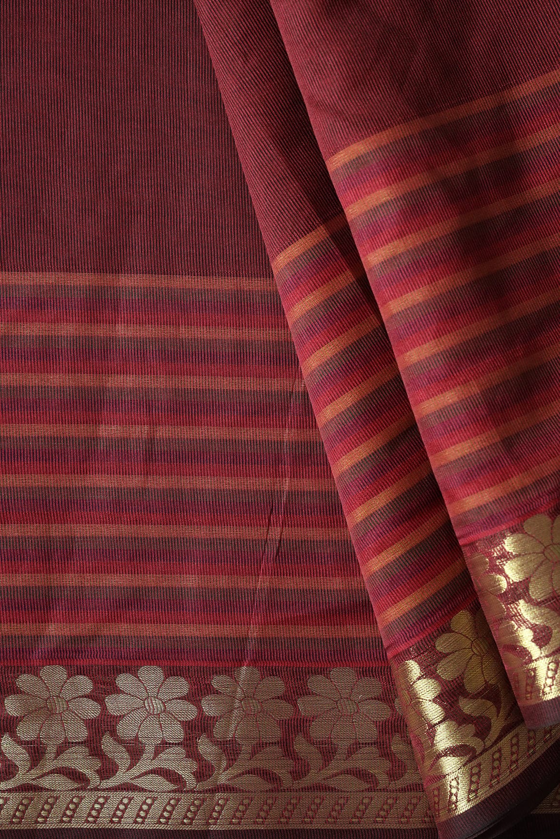 Beautiful Stripes With Floral Zari Jacquard Border Maroon Organza Fabric - doeraa