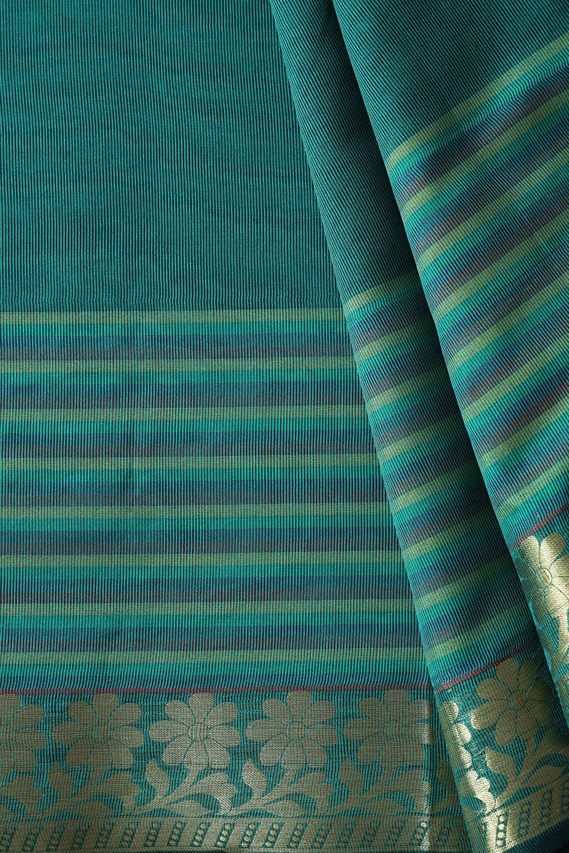 Beautiful Stripes With Floral Zari Jacquard Border Turquoise Organza Fabric - doeraa