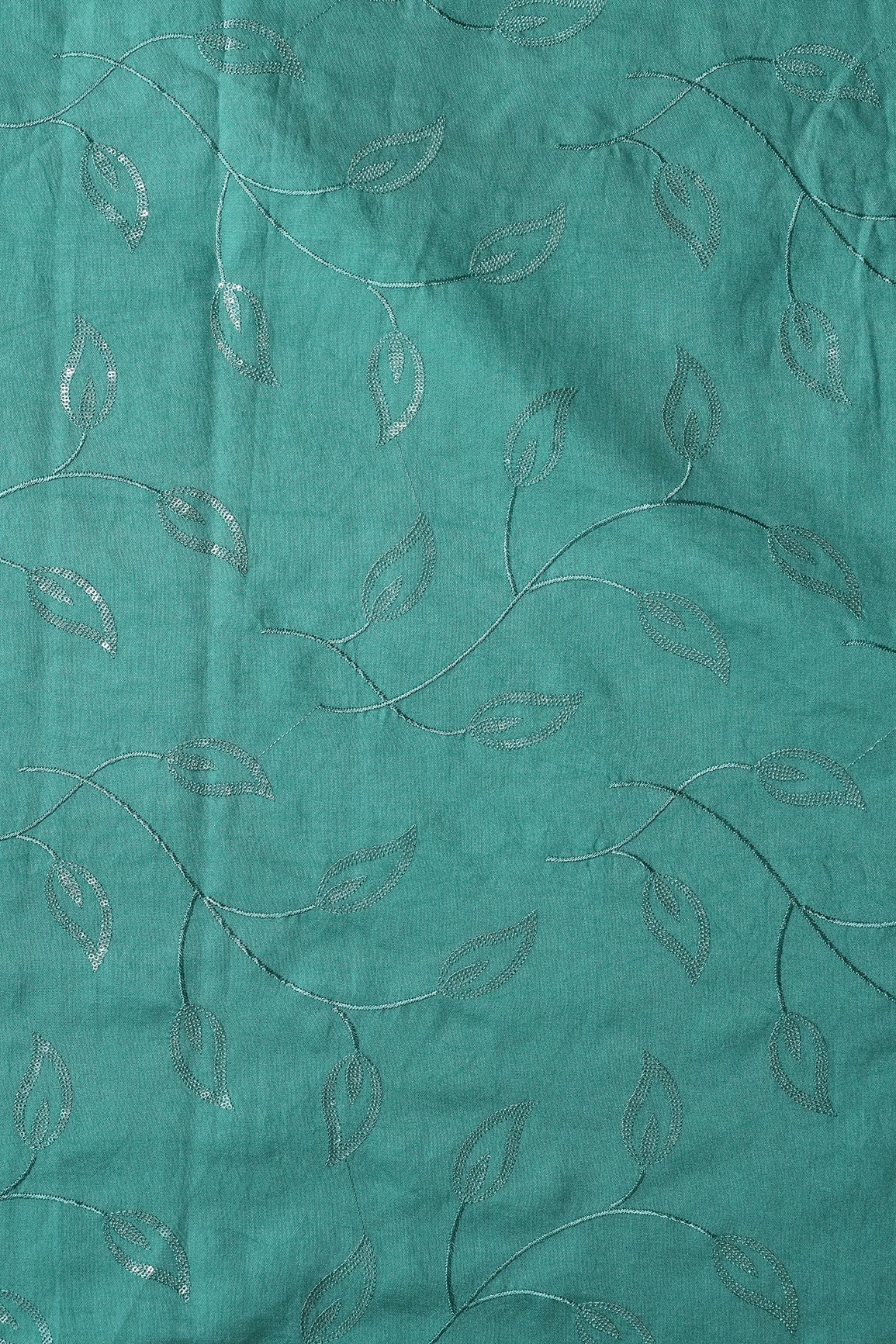 Beautiful Water Sequins Leafy Embroidery On Teal Pure Chanderi Silk Fabric - doeraa