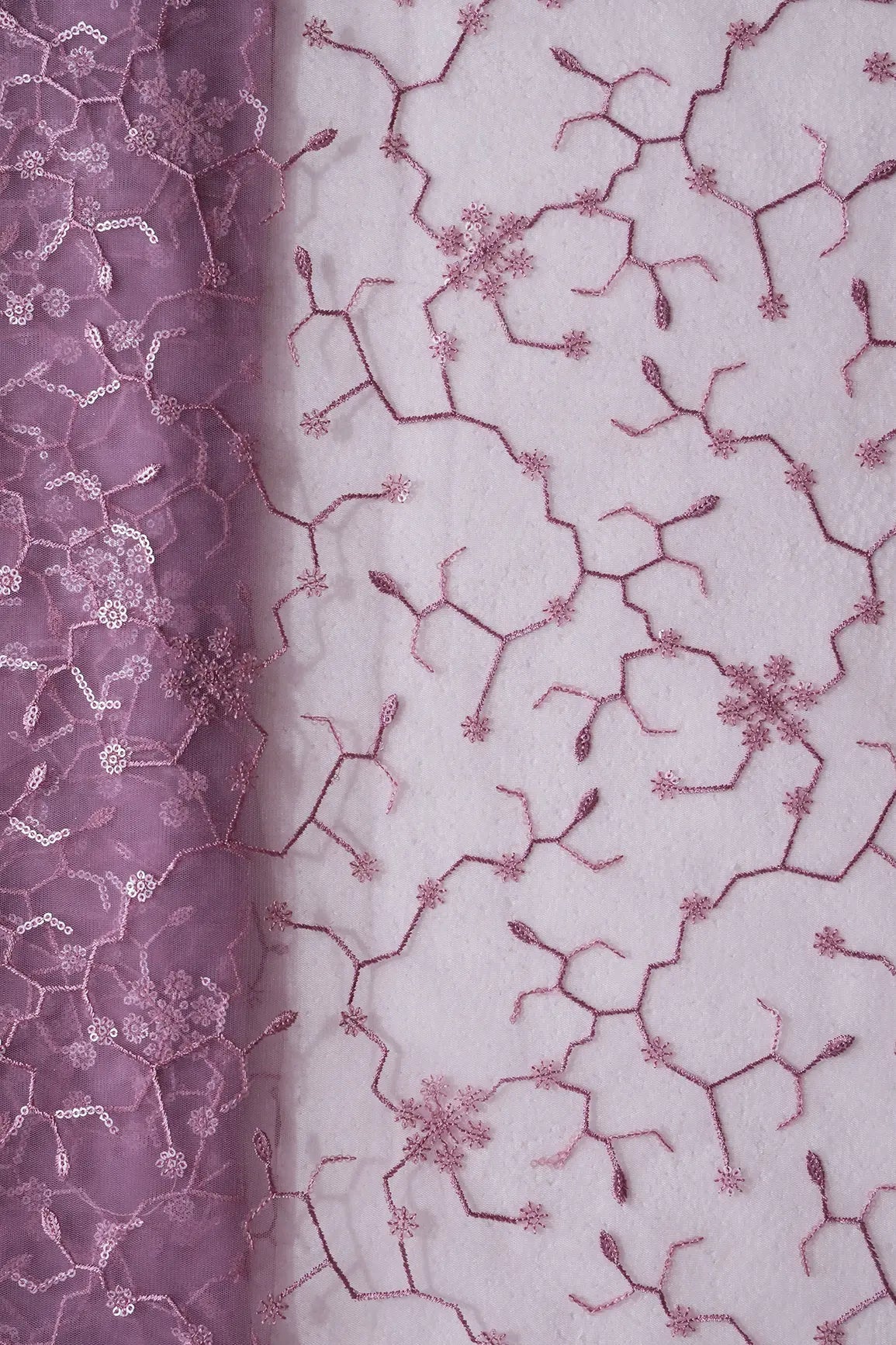 Beautiful Water Sequins Small Floral Embroidery On Mauve Soft Net Fabric - doeraa