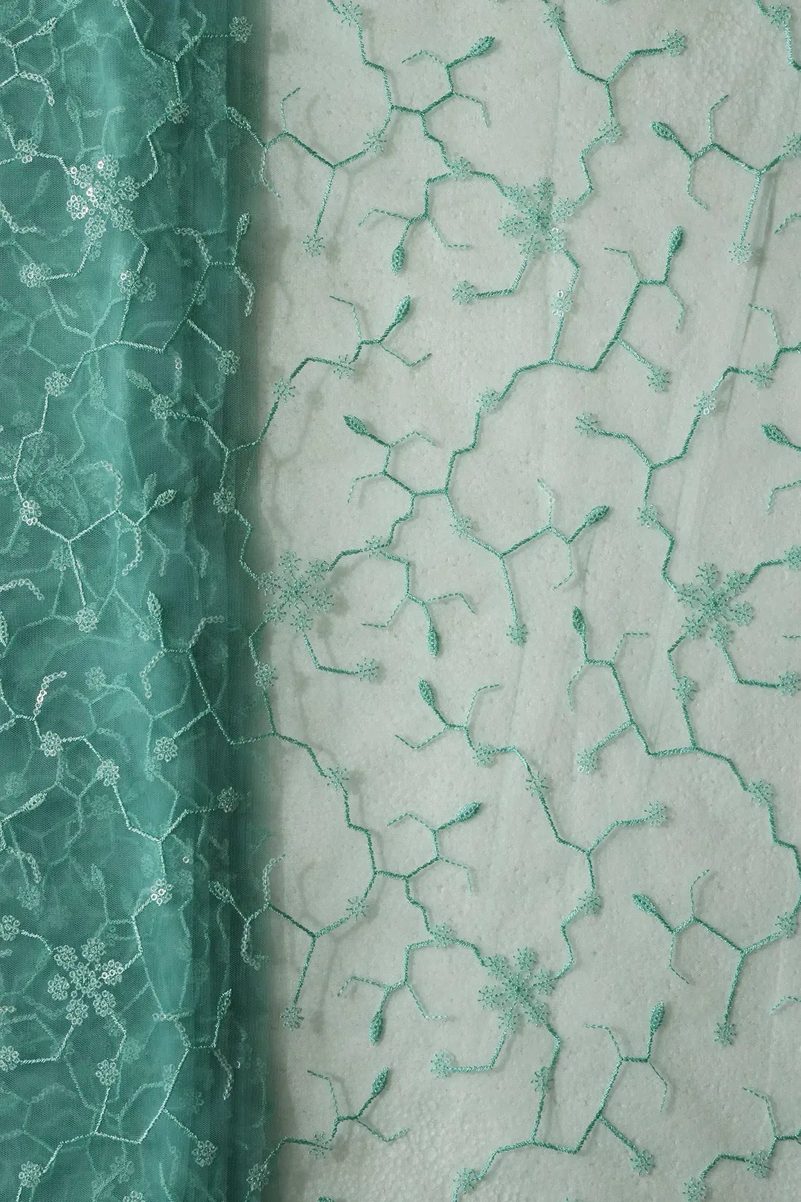 Beautiful Water Sequins Small Floral Embroidery On Sea Green Soft Net Fabric - doeraa