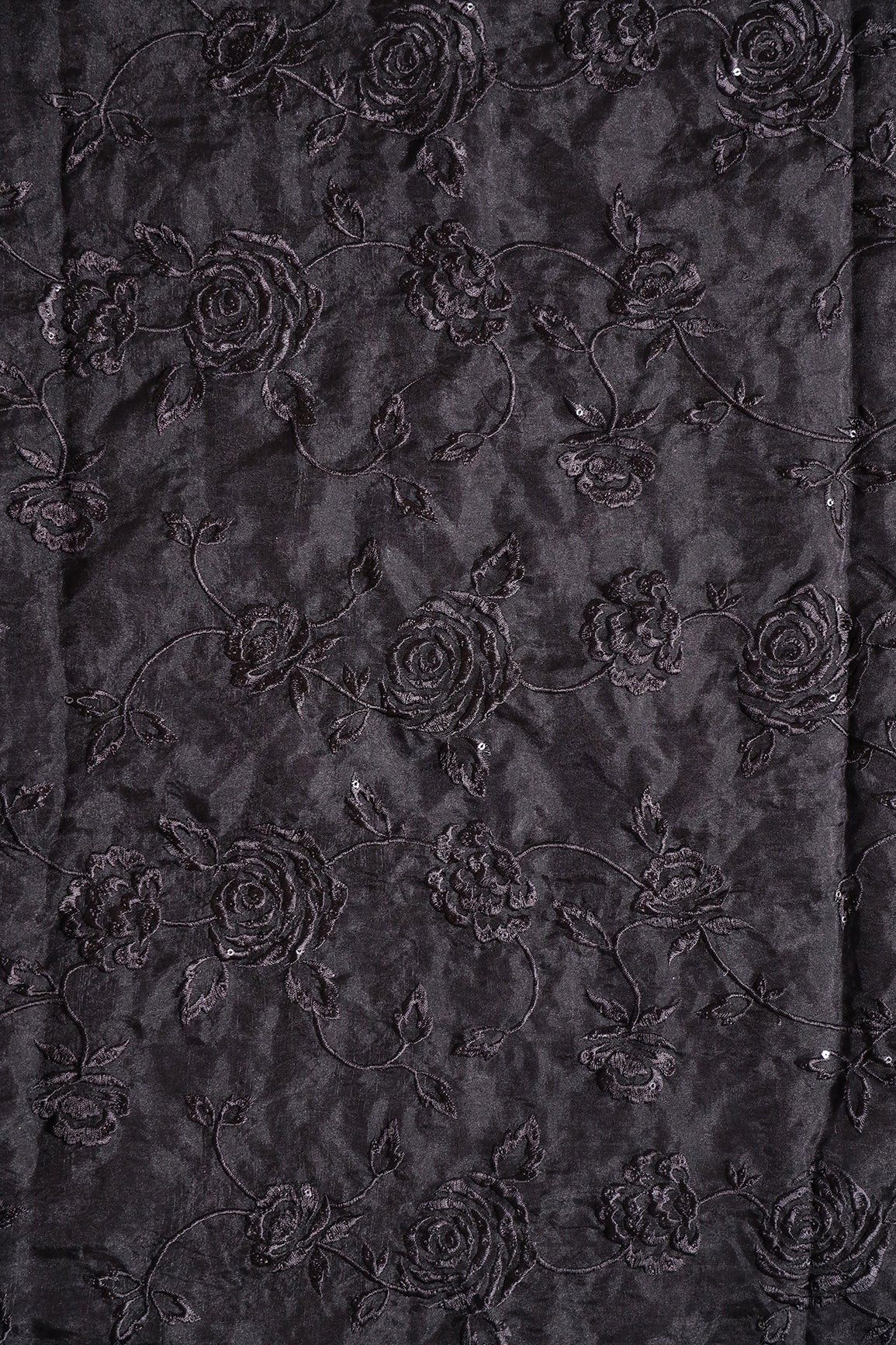Beautiful Water Sequins With Thread Floral Embroidery On Black Organza Fabric - doeraa