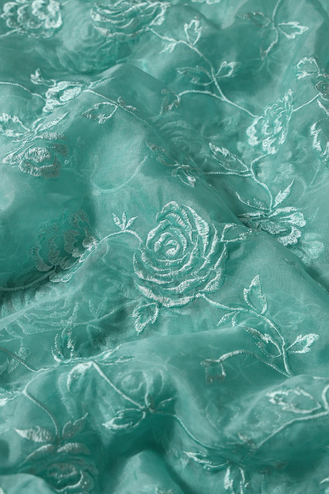 Beautiful Water Sequins With Thread Floral Embroidery On Teal Organza Fabric - doeraa
