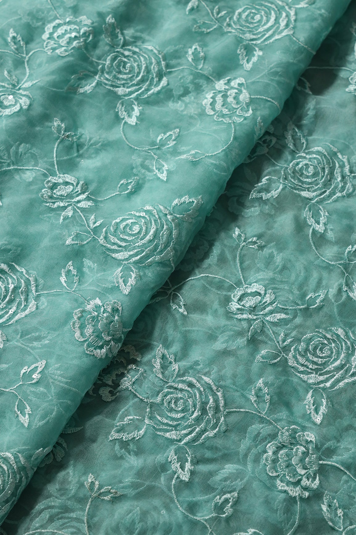 Beautiful Water Sequins With Thread Floral Embroidery On Teal Organza Fabric - doeraa